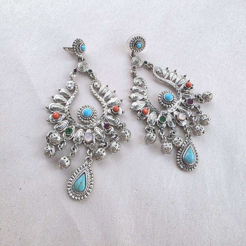 Graziano chandelier earrings, Gripoix Glass Coral Red Blue Turquoise Boho Gypsy